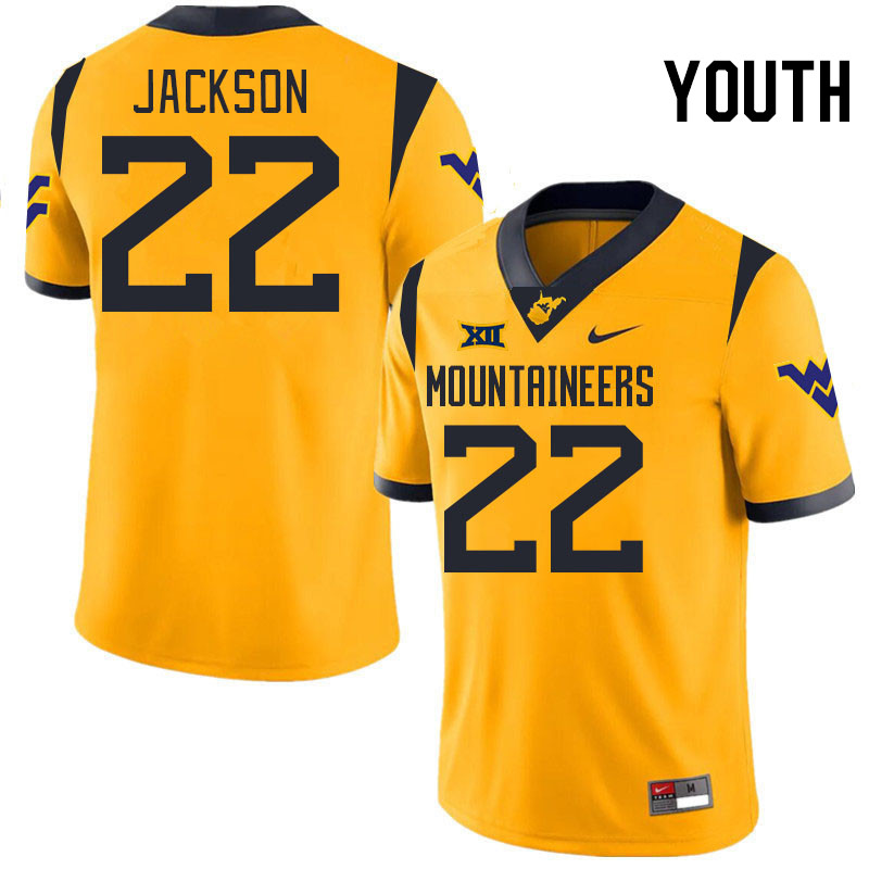 Youth #22 Josiah Jackson West Virginia Mountaineers College 2024 New Uniforms Football Jerseys Stitc